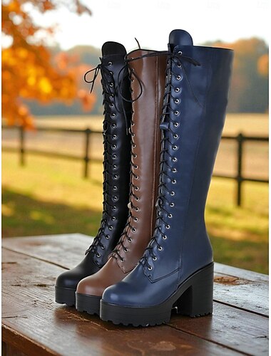  Bottes à lacets noires à plateforme pour femmes - Bottes gothiques à talons épais en similicuir pour le streetwear automne-hiver, les tenues quotidiennes et la mode d'Halloween