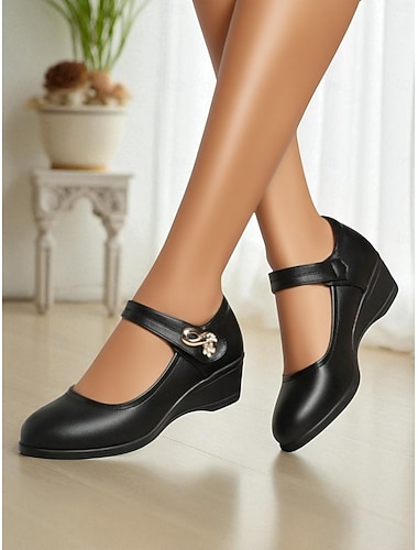  Damskie wygodne buty robocze typu Mary Jane na niskim koturnie - czarne &brązowe, skórzane półbuty biurowe z ozdobną klamrą, idealne do codziennego chodzenia, długiego stania i pracy w pomieszczeniach