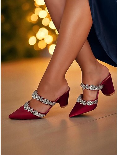  Zwarte satijnen muiltjes met blokhak en strass-bloemenbandjes voor dames - elegante schoenen met puntige neus voor formele evenementen en uitgaansgelegenheden