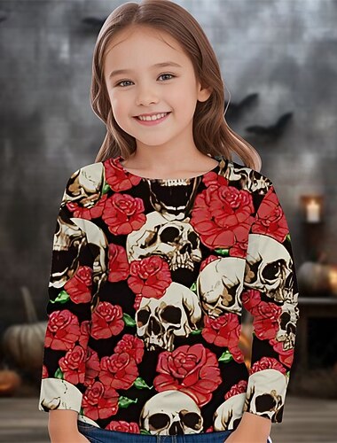  Halloween Flickor 3D Blommig Dödskalle T-shirt Långärmad Vår Höst Mode Grundläggande Barn 4-12 år Rund hals Utomhus Ledigt Dagligen Normal