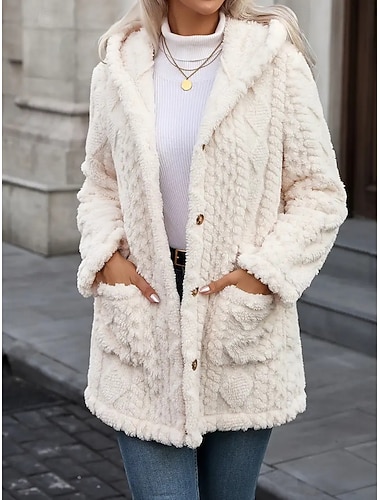  Damen Sherpa-Jacke Bequem Atmungsaktiv Jacquard Knöpfe Elegant Lässig Einfach Urlaub Straße Lässig Alltagskleidung Einreihig Lang Mit Kapuze Normale Passform Langarm Oberbekleidung Beige Frühling