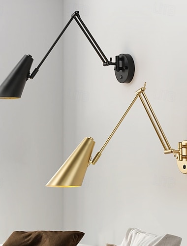 Vintage industriální nástěnná lampa s otočným ramenem, stmívatelná, nastavitelná, zlatá, s dlouhým ramenem, nástěnná lampa na čtení, černá a bílá, farmářská, nástěnná lampa s pevným drátem, čelo