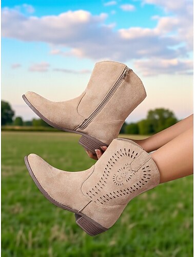  damskie kowbojskie buty z imitacji zamszu w kolorze khaki z wycięciem – buty do połowy łydki w stylu western, idealne na co dzień i w stylu rustykalnym