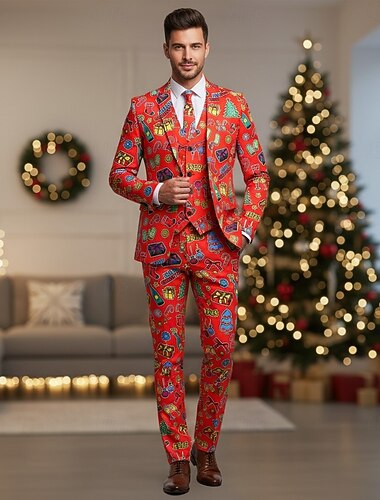  Weihnachtsfeier-Anzug Dreiteiliger Anzug Blazer Herren Lustig Festkleidung Erwachsene Weihnachten Neujahr Party Hose Weste Anzug