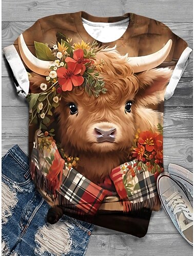  Γυναικεία Μπλουζάκι Γραφική Ζώο Αγελάδα Βίντατζ Στυλάτο Κλασσικό Κοντομάνικο Στρογγυλή Ψηλή Λαιμόκοψη Κανονικά μπλουζάκια Καθημερινά Σαββατοκύριακο Στάμπα