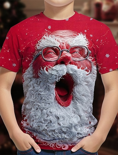 Футболка с 3D-графикой Санта-Клауса для мальчиков, с коротким рукавом, для лета и весны, модная, базовая, для детей 4-12 лет, с круглым вырезом, для активного отдыха, на каждый день, стандартного кроя   Футболка с 3D-графикой Санта-Клауса для мальчиков, с коротким рукавом, для лета и весны, модная, базовая, для детей 4-12 лет, с круглым вырезом, для активного отдыха, на каждый день, стандартного кроя