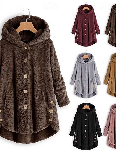  Damen Sherpa-Jacke Kapuzenjacke Bequem Atmungsaktiv Tasche Knöpfe Mode Lässig Einfach Urlaub Straße Lässig Alltagskleidung Einreihig Regulär Mit Kapuze Lässiger Schnitt Langarm Oberbekleidung Schwarz