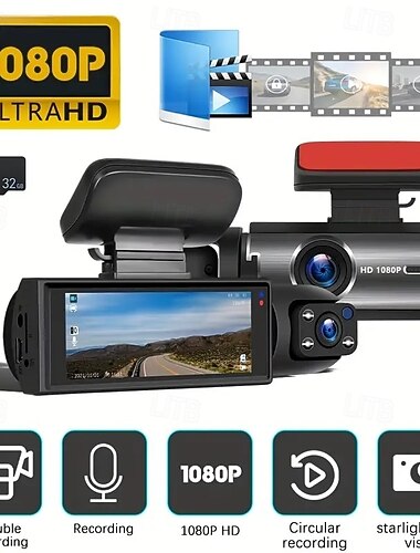  מצלמת רכב כפולה 1080p HD עם מסך HD בגודל 3.16 אינץ' וכרטיס זיכרון 32g