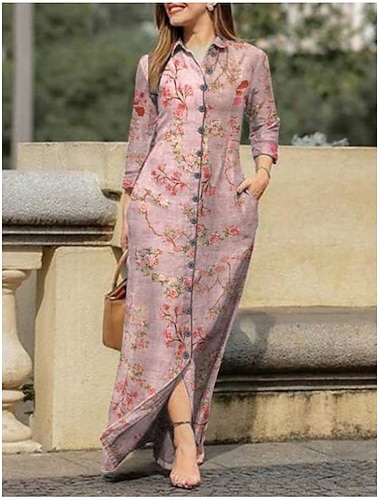  Γυναικεία Μακρύ φόρεμα Φόρεμα σε γραμμή Α Καθημερινό Καθημερινά Κανονικό Φλοράλ Μακρυμάνικο Πέτο Λευκό Ανθισμένο Ροζ Βαθυγάλαζο Θαλασσί Άνοιξη Φθινόπωρο