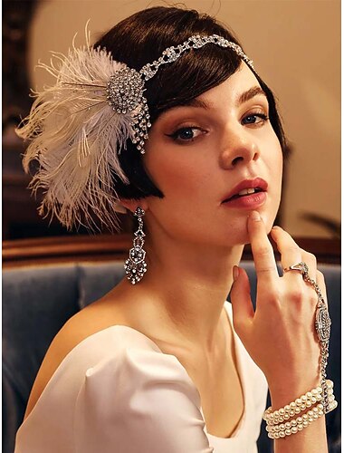  Diadema de plumas y diamantes de imitación para mujer de los años 20: accesorio para el cabello estilo Gatsby para bailes de salón, cócteles y eventos de temática vintage.