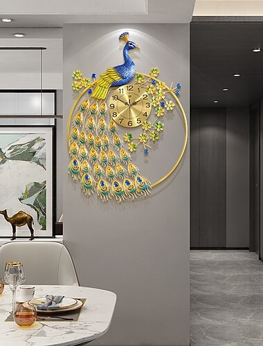  Grote pauw wandklok voor woonkamerdecoratie, metaal, niet-tikkende stille moderne luxe kunst, grote wandklok, decoratieve elegante gouden wandklok voor slaapkamer, kantoor en woondecoratie
