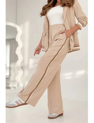  Mulheres Moda Roupa de rua Conjuntos de calças Bolero Top Ternos Blazer Manga Longa Colarinho de Camisa Côr Sólida Ao ar livre Trabalho Casual Preto Branco Azul Primavera Normal