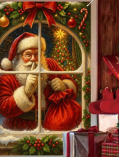  Rideau du Père Noël à la fenêtre rideau de fenêtre traditionnel de Noël 2025 avec cadeaux décoration de fête pour le salon porte d'entrée