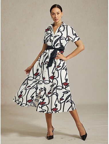  Robe longue chemise femme motif abstrait à manches courtes, décontractée, vacances, printemps été