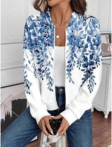  Per donna Giacca Casual Caldo Asciugatura Rapida Cerniera Tasca Elegante Moda Quotidiano Semplice Floreale Vacanza Casuale Quotidiano Ferie Corto colletto da baseball Vestibilità regolare Manica Lunga