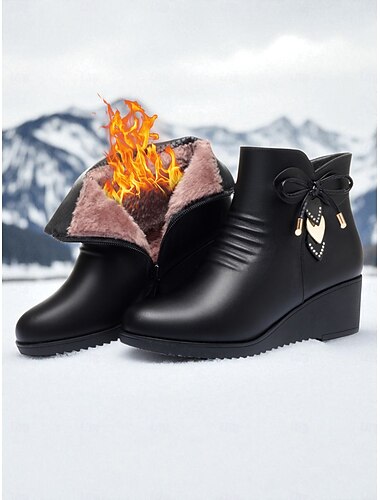  Dames bordeauxrode imitatieleren warme, met bont gevoerde enkellaarsjes met sleehak - winter waterdichte antisliplaarsjes met strik voor casual sneeuwdagen, werk en buitenkleding
