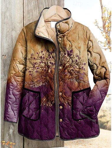  Mulheres Jaqueta de Inverno Casaco acolchoado Manter Quente Leve Imprimir Elegante Vintage Boho Vintage Férias Casa Casual Padrão Colarinho Chinês Normal Manga Longa agasalhos Amarelo Roxo Claro Roxo