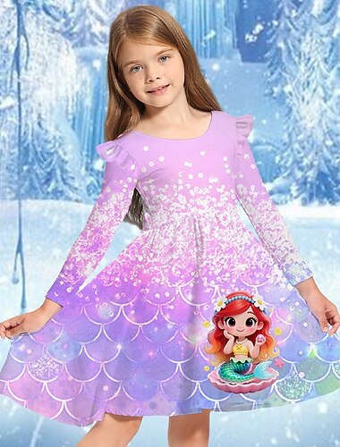  Girls ' 3D Rajzfilm Sellő Ruha Fodros ruha Hosszú ujj Nyár Tavasz Vakáció Napi Szabadság Hercegnő gyönyörű Édes Gyerekek 4-12 év hétköznapi ruha A vonalú ruha Térdig érő Normál