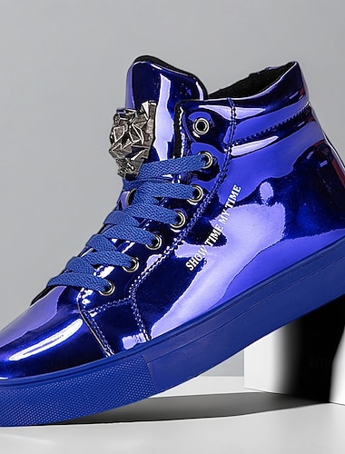  Baskets montantes bleu métallisé pour homme – chaussures élégantes à lacets avec finition brillante pour la danse de rue, la vie nocturne et les fêtes