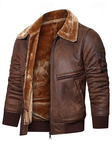  Voor heren Jas van imitatieleer Fleecejack Bikerjack Motorjas Vakantie Dagelijks Winddicht Houd Warm Zak Winter Effen Modieus Klassiek Revers Normaal Zwart Koffie Jacks