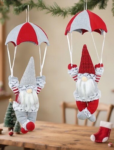  Kerstman leuke parachute met rood &Witte paraplustof hangende ornament met een donzige baard en expressieve ogen &Zwarte pomponmuts, ideaal als decoratie voor de open haard, als kerstcadeau, als