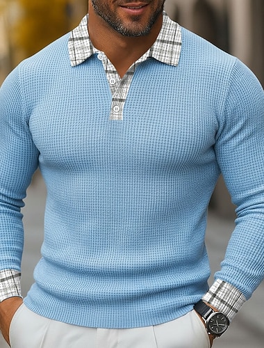  Miesten Tarten Vohveli poolopaidat Pitkähihainen Poolopaidat Kauluspaidat Business Casual liiketoiminta Käytä töihin Arki-asut 3D-tulostus Napit Kevät Syksy Talvi Sininen Keltainen Ruskea