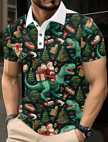  Vánoce Pánské Ježíšek Dinosaurus Pólo Krátký rukáv Polo tričko Klopa Na běžné nošení Venkovní ulice Festivalový outfit 3D tisk Knoflíky Jaro Podzim Zima Fialová Trávová zelená