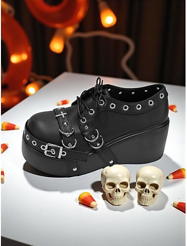  Gotiska platåskor för kvinnor med dödskalle- och nitdetaljer - snörstövlar i punkrockstil för Halloween-fester