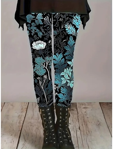  Dame Leggings Ferie Årgang Mote Full lengde Høy Midje Blomstret Grafisk Blad Printer Hold Varm Myk Pustende Elastisk Feriereise Gate Dyp Grønn Sjø blå Ametyst Vår Høst Vinter Slank Fasong