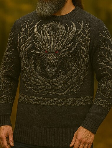  Herre Dyr Drage Viking Pullover genser Strikketøy Crewneck Retro / vintage Fritid Feriereise Daglig 3D-utskrift Hold Varm Langermet Vår Høst Vinter Mørkebrun Svart