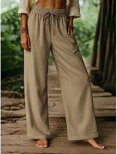  Damen Hose aus Baumwollleinen Weites Bein Chinos Vintage Basic Lässig Volle Länge Hohe Taille Einfach Tasche Elastischer Bund Bequem Weich Dehnbar Outdoor Urlaub Straße Aprikose Schwarz Weiß Khaki