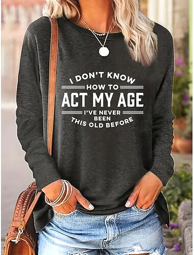  Γυναικεία Μπλουζάκι Γραφική Γράμμα Βίντατζ Μοντέρνα Στυλάτο Μακρυμάνικο Στρογγυλή Ψηλή Λαιμόκοψη Κανονικά μπλουζάκια Καθημερινά Σαββατοκύριακο Στάμπα Βαθυγάλαζο Θαλασσί Γκρίζο Άνοιξη Φθινόπωρο