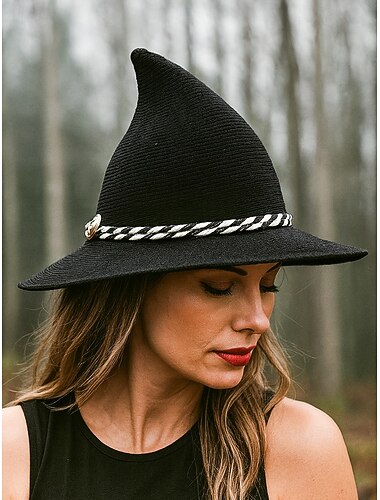  Dámský halloweenský čarodějnický klobouk, vintage špičatý klobouk se širokou krempou a provazovým páskem, gotický kostýmní doplněk pro cosplay a večírky