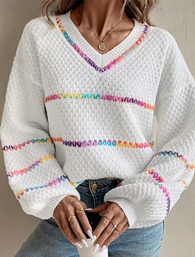  Γυναικεία Πουλόβερ Καθημερινά Στυλάτο Καθημερινό Ριγέ Κοτλέ Λαιμόκοψη V Πλεκτό Μακρυμάνικο Κανονικά μπλουζάκια Πλέκω Καθημερινά Αργίες Εξόδου Μαύρο Λευκό Φθινόπωρο Χειμώνας