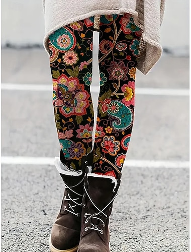  نسائي طماق العطلة عتيق موضة مكتمل الطول خصر عالي ورد الرسم طبع الدفء ناعم متنفس قابل للبسط رسمي الأماكن المفتوحة عطلة أحمر أزرق التقزح اللوني الربيع الخريف قياس نحيل