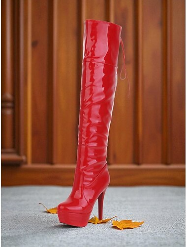  Cizme stiletto cu platformă peste genunchi, din piele lăcuită roșie, pentru femei - încălțăminte sexy cu toc înalt pentru viața de noapte &petreceri în club