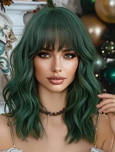  mørkegrønn parykk med pannelugg 14 tommers bobparykk med pannelugg skulderlang grønn kort parykk til daglig festbruk