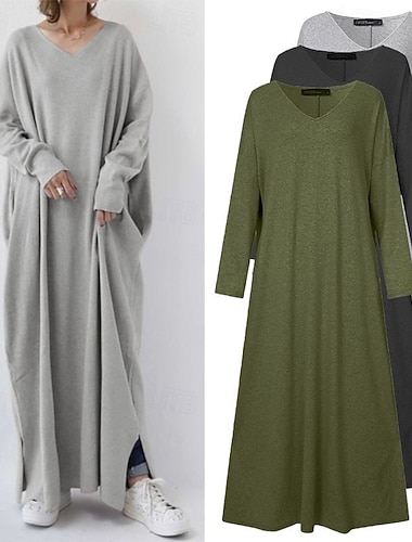  Γυναικεία Μακρύ Φόρεμα Μάξι Φόρεμα Φόρεμα με κουκούλα Μοντέρνα Γραφείο Εξόδου Χαλαρή Εφαρμογή Κυνηγόσκυλο Σκέτο Μακρυμάνικο Λαιμόκοψη V Μαύρο Πράσινο Χακί Γκρίζο Άνοιξη Φθινόπωρο