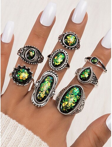  Vintage opaal ringset voor dames, verzilverde verstelbare ringen in bohemian-stijl, sieraden voor feesten, bruiloften en dagelijks gebruik