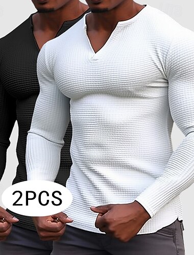  Homens Camisa Waffle Camiseta T-shirt Camisa de manga longa Manga Longa Decote V Henley Primavera & Outono Todas as Estações Tecido Moda Designer Básico 2 Peças Multi-pack Férias Rua Casual C D E Top