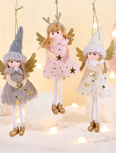  3 stuks kerstengel ornamenten, hangende decoraties van rendiergewei engelen, roze gevleugelde meisjesengel beeldjes, kleine boomversieringen, vakantiedecoratie