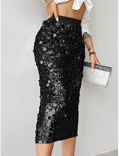  Dame الالتفاف Kroppstett Kjole Elegant Mote Midi Høy Midje Skjørt عادي Paljetter Elastisk Fest Gate Sølv Svart Gull Vår Polyester