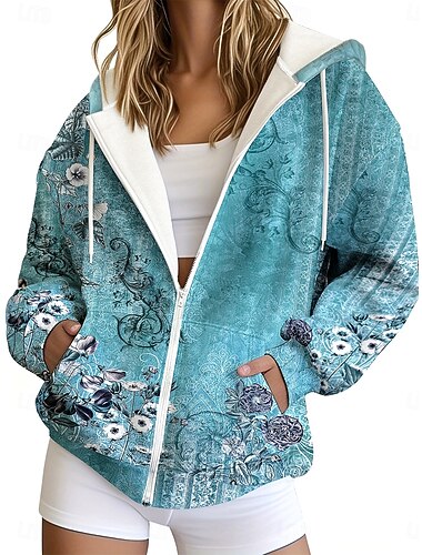  Damen Hoodies mit Reißverschluss Blumen Grafik Stammes Mode Lässig Langarm Mit Kapuze Normale Oberteile Straße Alltagskleidung Lässig Reißverschluss Tasche Druck Kastanienbraun Dunkelblau Leicht Blau