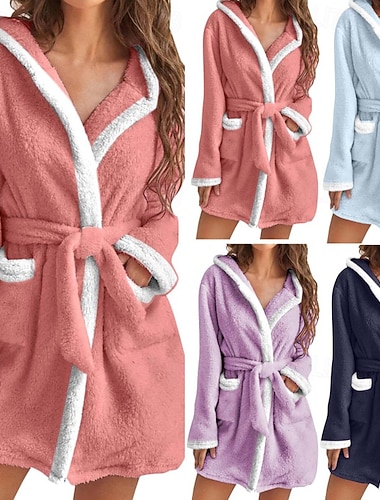  Damen Freizeitkleidung Robe Flanell Warm Mode Patchwork Patchwork Urlaub Heim Täglich Langarm Revers Schwarz Rosa Wein Marineblau Purpur Winter Normale Passform