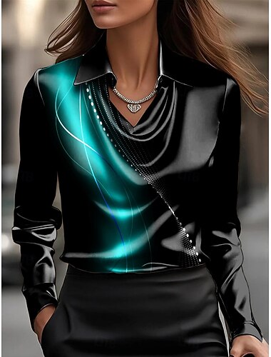  Damskie Koszula Ombre Graficzny Geometryczny Elegancja Elegancki Codzienny Długi rękaw Lejący się dekolt Zwykłe topy Praca Stroje na imprezy wieczorowe Codzienny Z marszczeniami W fałdki Niebieski