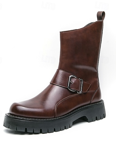  Pánské módní boty z umělé kůže do poloviny lýtek s přezkou | robustní podrážka pro městský styl a odolnost