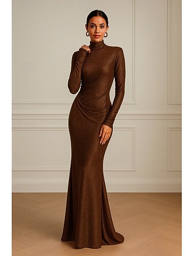  Sirène / Trompette Traîne Balayage Robes de Bal Robe de Soirée Tenue de soirée Élégant Soyeux manche longue Col haut Formel Mariage Capes Jersey avec Paillettes Froncé