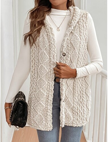  Damen Fleeceweste Bequem Atmungsaktiv Knöpfe Lässig Einfach Urlaub Straße Lässig Alltagskleidung Einreihig Lang Mit Kapuze Normale Passform Ärmellos Oberbekleidung Schwarz Aprikose Frühling Herbst