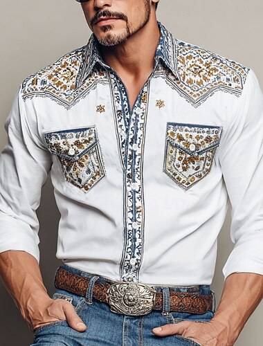  Herren Blumendruck Ethnisch Blumen Hemd Westernhemd Cowboy-Shirt Langarm Vintage-Retro Outdoor Lässig Arbeitskleidung Frühling Herbst Umlegekragen Zwei Fronttaschen Leinenähnliches Hemd Hemden mit