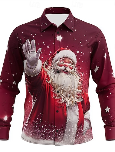  Новогодняя тематика Муж. Дед Мороз В снежинку смешное рождество Рубашка Кнопка рубашка Длинный рукав Веселая на открытом воздухе Праздники Весна Осень Отложной 3D печать рубашки с воротником